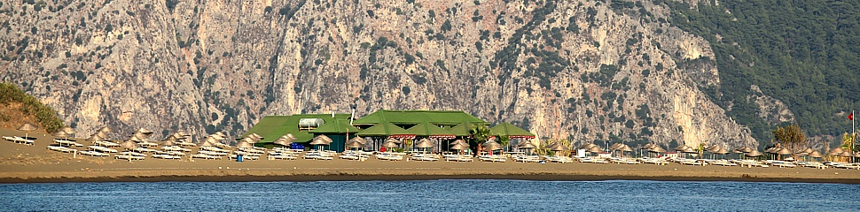 Elongated offshore sandy beach in front of the swampland of Dalyan