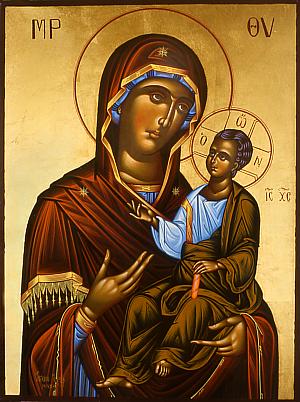 golden iconic painting of the Virgin Mary with Jesus child