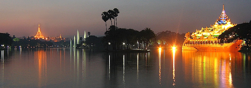 Royal Lake, Shwedagon Pagoda and Karaweik Hotel at night