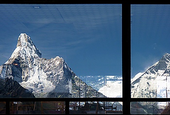 Reflection in the glass facade of the Everest View Hotel