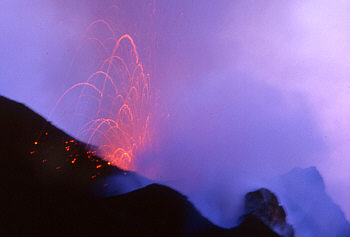 Hot vapors and glowing lava boulders