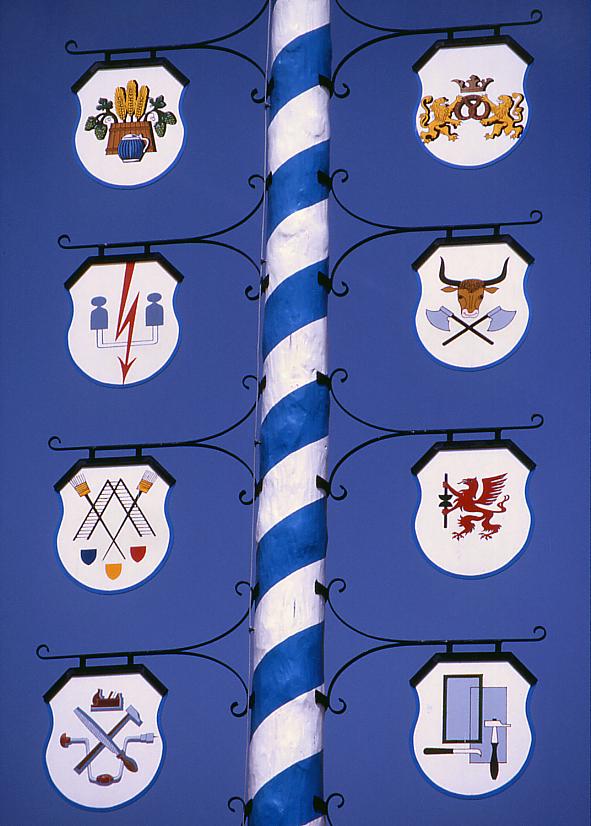 Bavarian maypole with emblems depicting local crafts