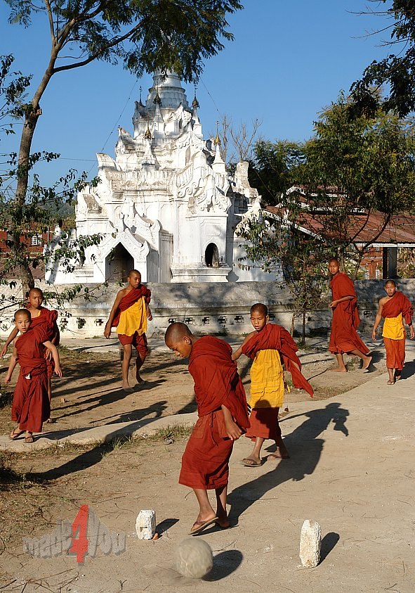 Football playing Monks in mountain village Kalaw