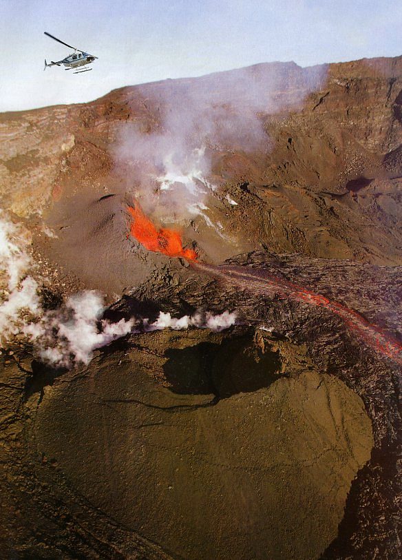 Active volcano Piton Fournaise spewing redhot lava