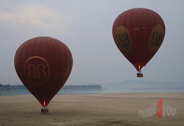 Balloons over Bagan over Ayeyarwady river
