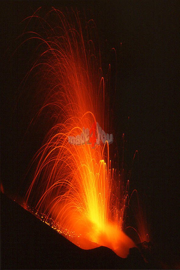 Glowing lava fountain at Stromboli volcano
