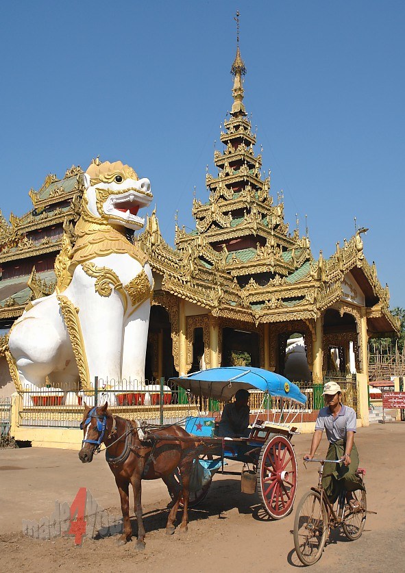 Giant Temple guards and horse cart in Bago