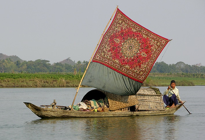 Sailing on Kaladan River towards Mrauk U