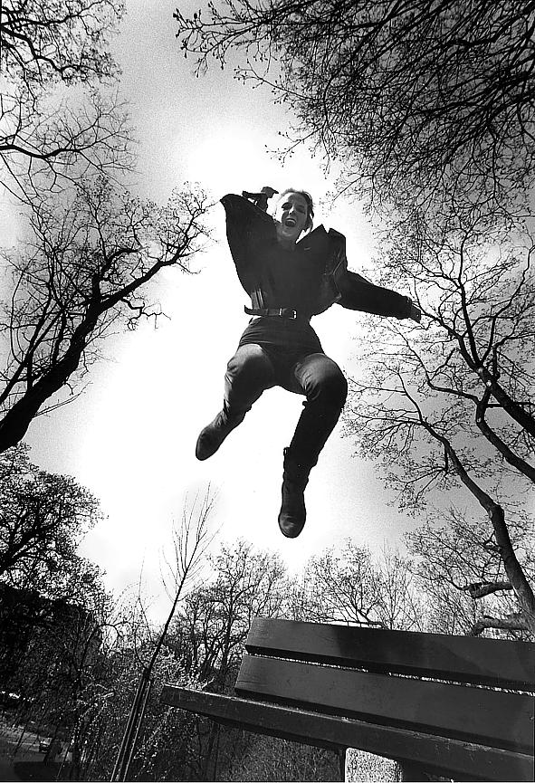 Vitality jump over a park bench