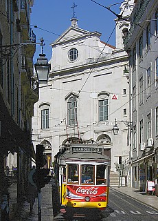 Tramway line 28 in old district Graa of Lisbon