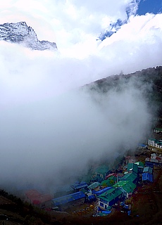 Fog moves over Namche Bazar (3450 m)