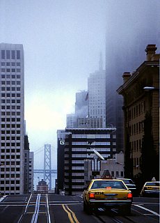 Downtown San Fransisco in thick morning fog