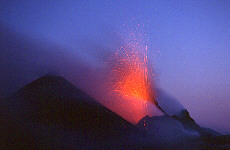 Volcano Stromboli spewing glowing Lava